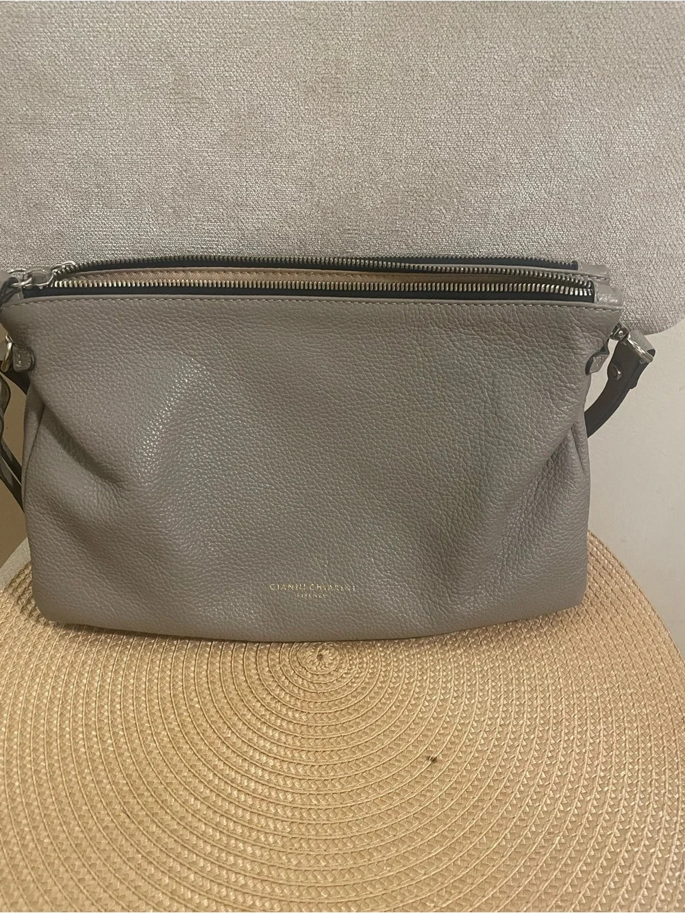 Pebbled Light Gray Zip-Top Crossbody Bag